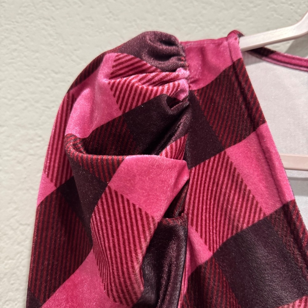 Maeve Anthropologie Velvet Plaid Peplum Top XS S Puff Long Sleeve Fall Burgundy - Picture 6 of 8
